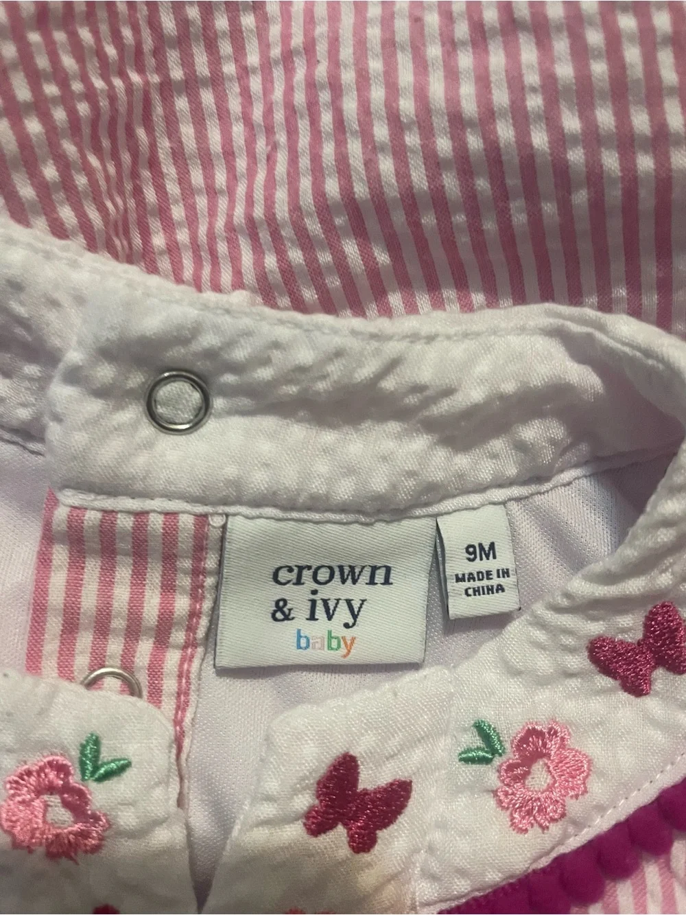 crown & ivy Pink Striped Bubble Romper with Embroidered Collar